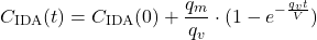 \begin{equation*} C_\text{IDA} (t) = C_\text{IDA} (0) + \frac{q_m}{q_v} \cdot (1- e^{- \frac{q_v t}{V}}) \end{equation*}