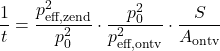 \begin{equation*} \frac{1}{t} = \frac{p_{\text{eff,zend}}^2}{p_0^2} \cdot \frac{p_0^2}{p_{\text{eff,ontv}}^2} \cdot \frac{S}{A_{\text{ontv}}} \end{equation*}