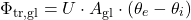 \begin{equation*} \Phi_{\mathrm{tr},\mathrm{gl}} = U \cdot A_{\mathrm{gl}} \cdot (\theta_e - \theta_i) \end{equation*}