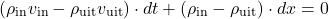 \begin{equation*} (\rho_\text{in} v_\text{in} -\rho_\text{uit} v_\text{uit} ) \cdot dt + ( \rho_\text{in} - \rho_\text{uit}) \cdot dx = 0 \end{equation*}
