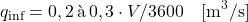 \begin{equation*} q_{\text{inf}} = 0,2 \, \text{&agrave;} \, 0,3 \cdot V / 3600 \quad [\mathrm{m^3/s}] \end{equation*}