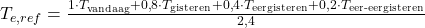 T_{e,ref} = \frac{1 \cdot T_{\text{vandaag}} + 0{,}8 \cdot T_{\text{gisteren}} + 0{,}4 \cdot T_{\text{eergisteren}} + 0{,}2 \cdot T_{\text{eer-eergisteren}}}{2{,}4}
