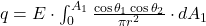 q = E \cdot \int_0^{A_1} \frac{\cos \theta_1 \cos \theta_2}{\pi r^2} \cdot d A_1