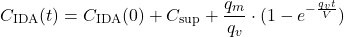 \begin{equation*} C_\text{IDA} (t) = C_\text{IDA} (0) + C_\text{sup} + \frac{q_m}{q_v} \cdot (1- e^{- \frac{q_v t}{V}}) \end{equation*}