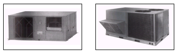 Compacte kleine koelmachines (packaged units); voor inbouw boven het plafond (links) en voor dakopstelling (rechts)